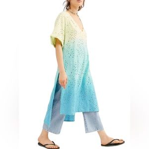 Free People Big Wave Tunic Embroidered Kaftan Dress Oversized Ombre Small NEW